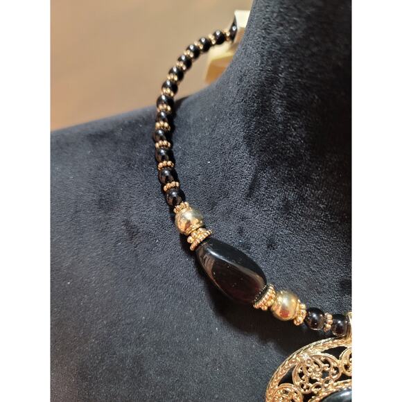 Womens Black Beaded Necklace With Large Gold Filigree Pendant By Sophia And Kate - Picture 5 of 8